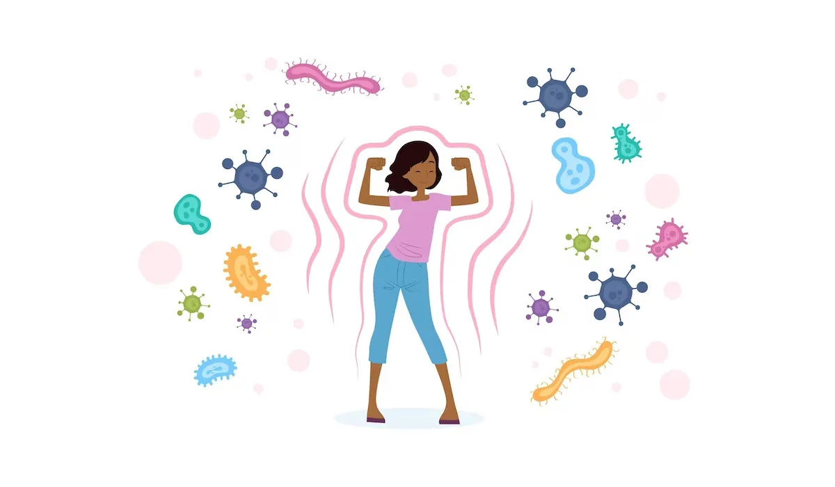 Illustration of a woman protecting herself against viruses and bacteria