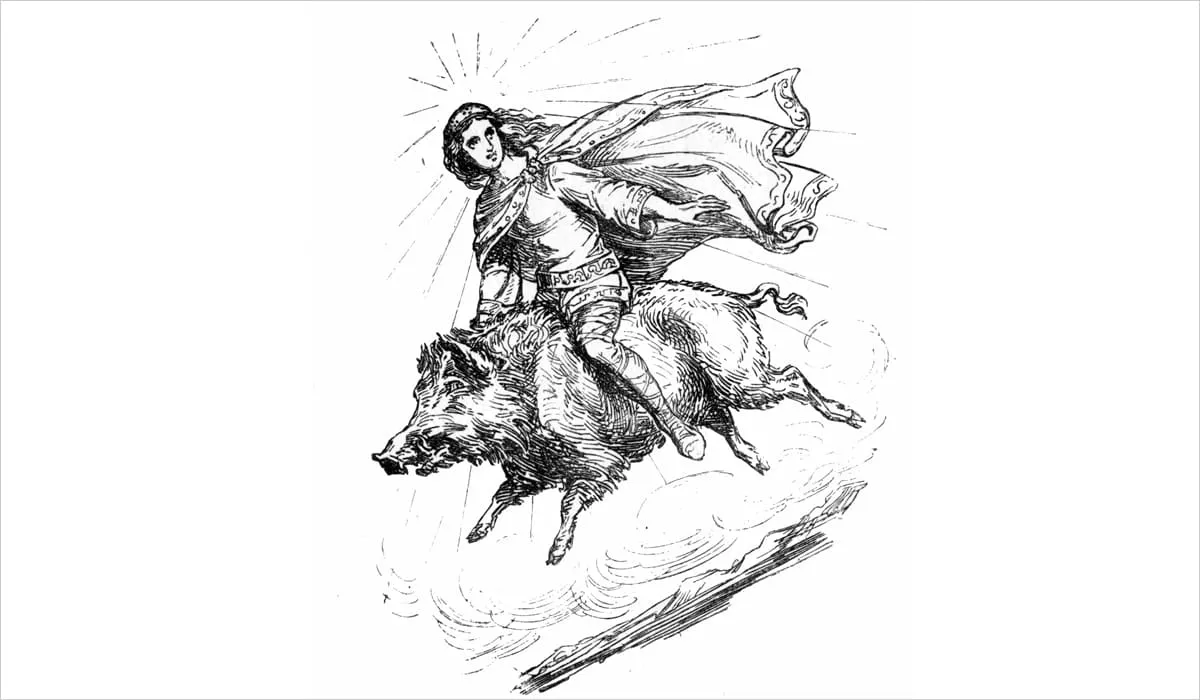 Freyr, pagan god riding a boar