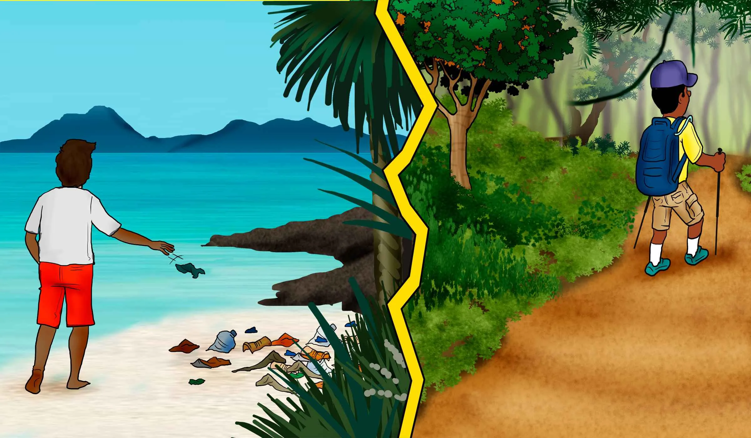 Illustration d'un jeune qui jette des ordures sur une plage et d'un autre qui fait une randonnée dans la forêt